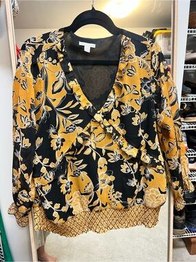 Cato Black & Mustard Floral Ruffle Blouse